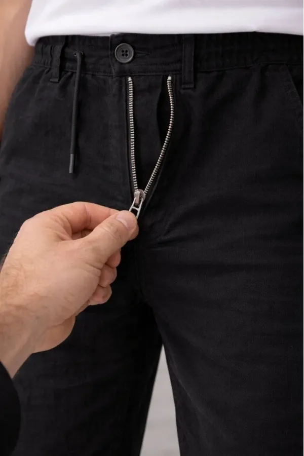 Erkek Keten Cepli Pantolon Lastikli Bel Bağcıklı Önden Fermuarlı - Siyah