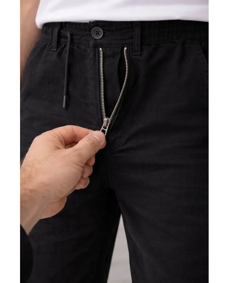 Erkek Keten Cepli Pantolon Lastikli Bel Bağcıklı Önden Fermuarlı - Siyah
