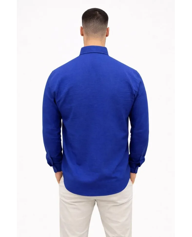 Erkek KETEN Kumaş Oversize Uzun Kollu Rahat Kalıp Gömlek - Saks Mavisi