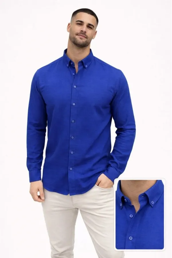 Erkek KETEN Kumaş Oversize Uzun Kollu Rahat Kalıp Gömlek - Saks Mavisi