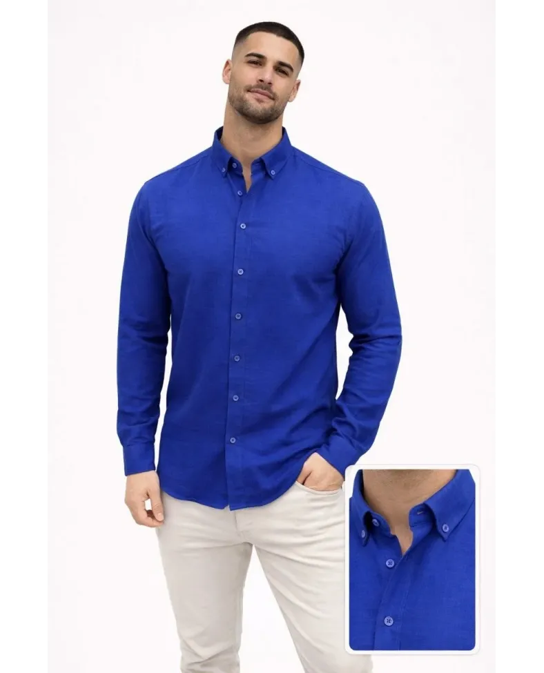 Erkek KETEN Kumaş Oversize Uzun Kollu Rahat Kalıp Gömlek - Saks Mavisi