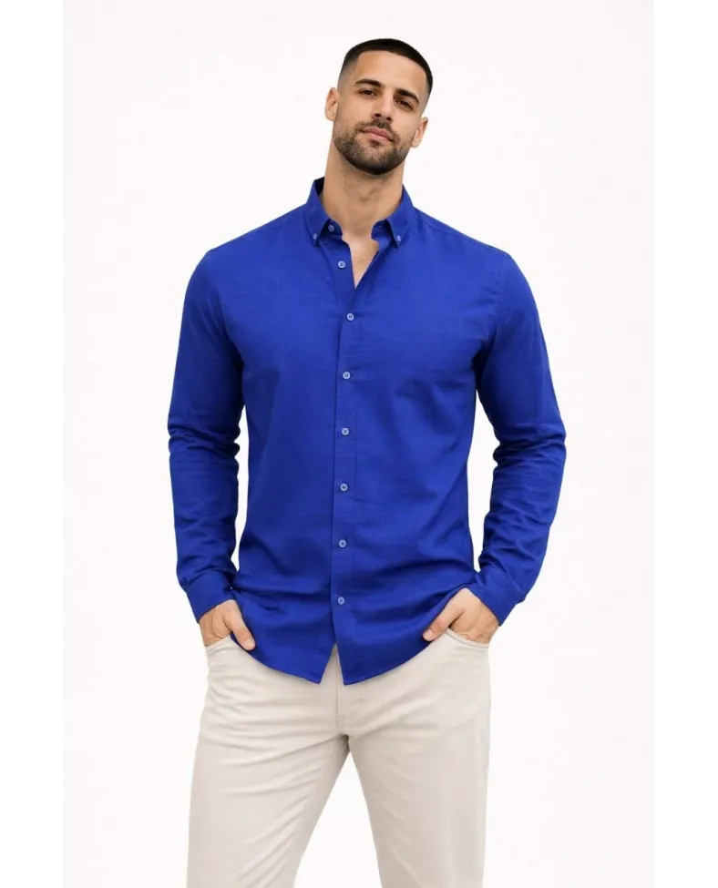 Erkek KETEN Kumaş Oversize Uzun Kollu Rahat Kalıp Gömlek - Saks Mavisi