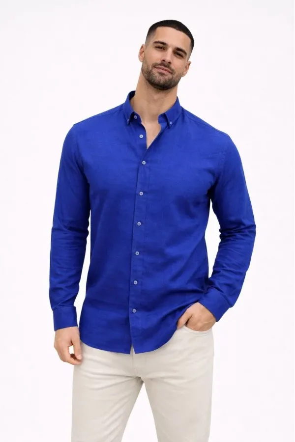 Erkek KETEN Kumaş Oversize Uzun Kollu Rahat Kalıp Gömlek - Saks Mavisi