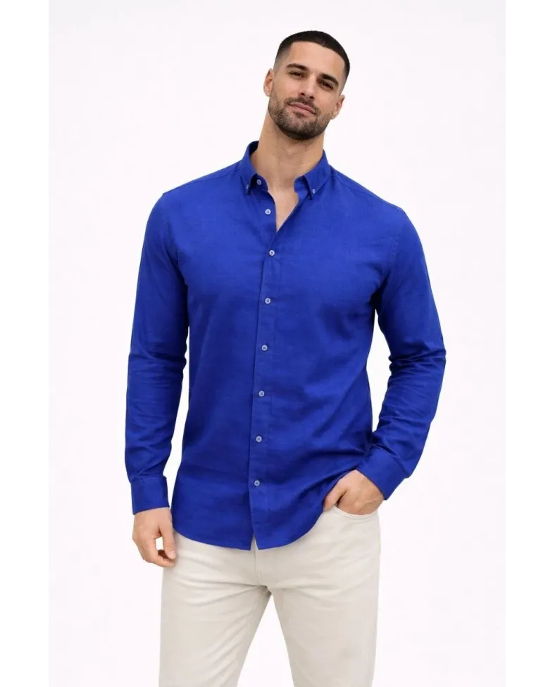 Erkek KETEN Kumaş Oversize Uzun Kollu Rahat Kalıp Gömlek - Saks Mavisi