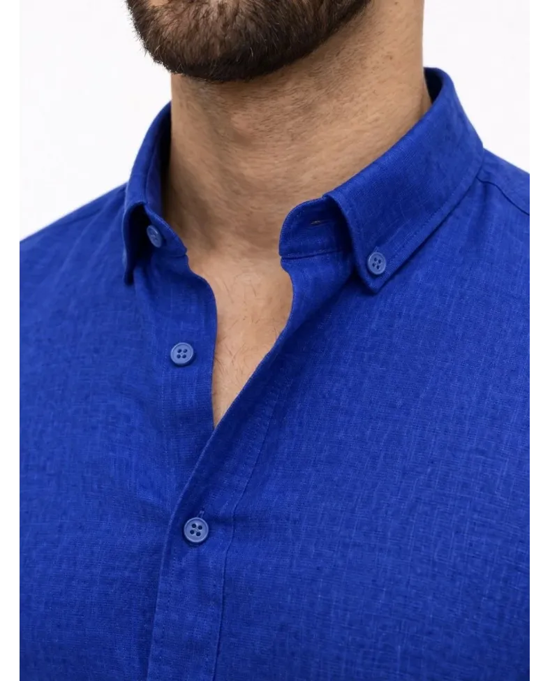 Erkek KETEN Kumaş Oversize Uzun Kollu Rahat Kalıp Gömlek - Saks Mavisi