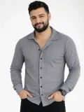 Erkek Waffle Kumaş Uzun Kollu Düğmeli Açık Yaka Regular Fit Gömlek - Füme