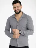 Erkek Waffle Kumaş Uzun Kollu Düğmeli Açık Yaka Regular Fit Gömlek - Füme