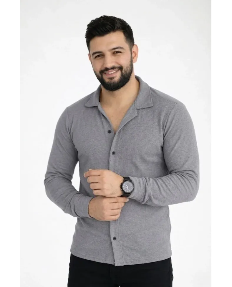 Erkek Waffle Kumaş Uzun Kollu Düğmeli Açık Yaka Regular Fit Gömlek - Füme
