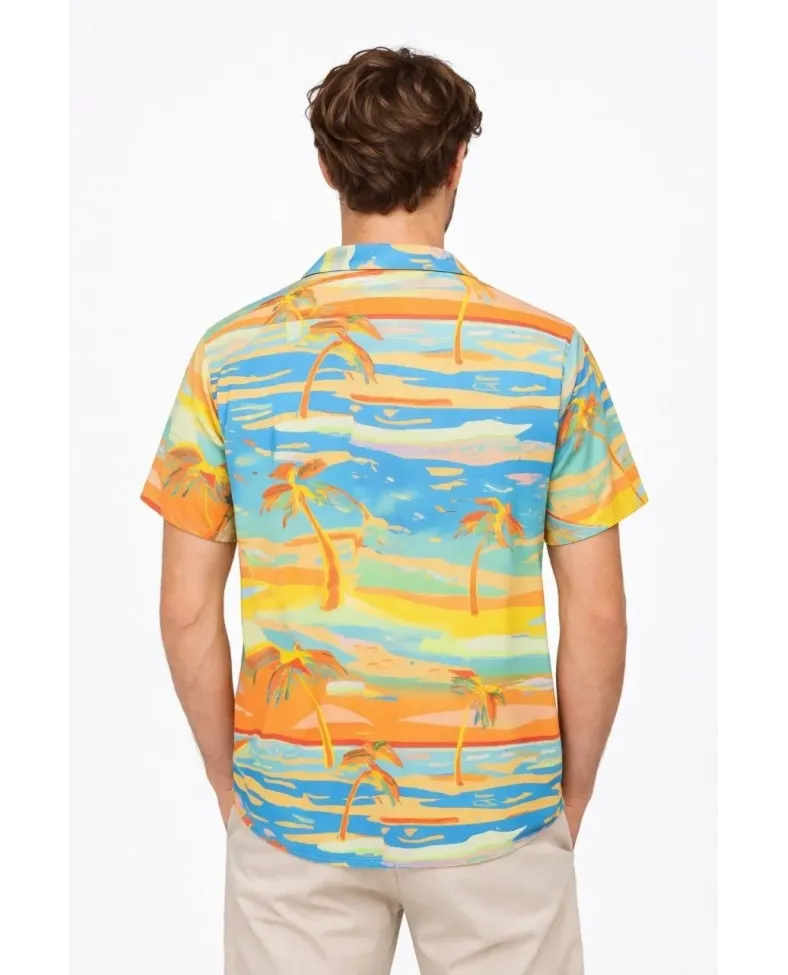 Erkek Tropikal Palmiye Desenli Kısa Kol Gömlek Yazlık Beach Tarz Rahat Kalıp - Desenli