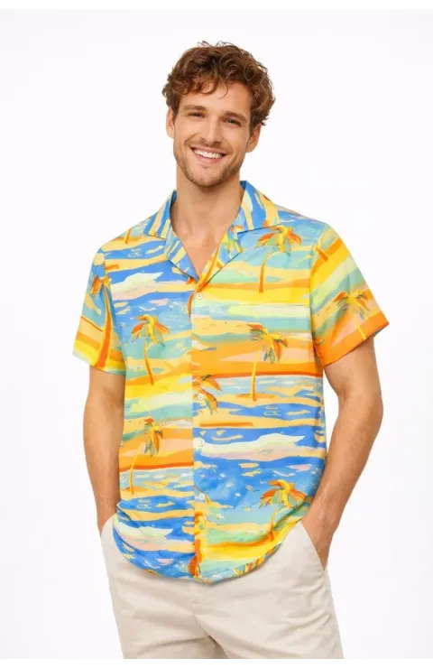 Erkek Tropikal Palmiye Desenli Kısa Kol Gömlek Yazlık Beach Tarz Rahat Kalıp - Desenli