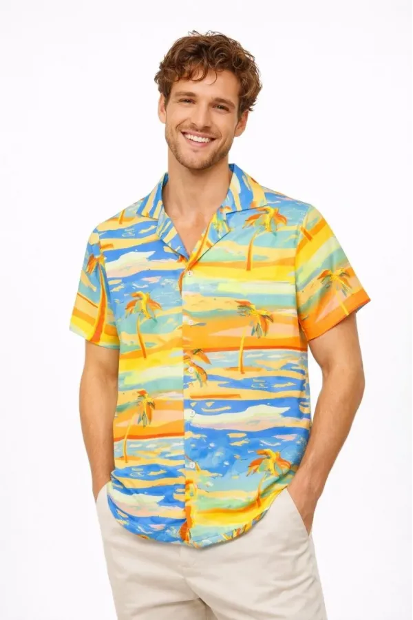 Erkek Tropikal Palmiye Desenli Kısa Kol Gömlek Yazlık Beach Tarz Rahat Kalıp - Desenli