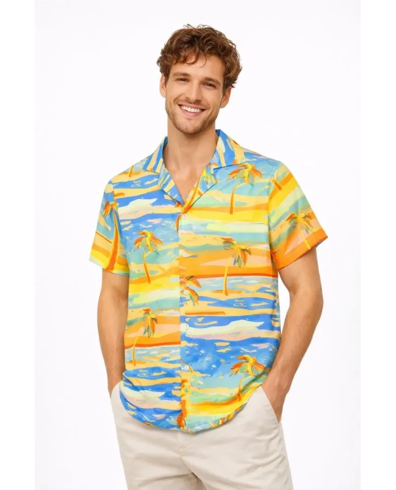 Erkek Tropikal Palmiye Desenli Kısa Kol Gömlek Yazlık Beach Tarz Rahat Kalıp - Desenli
