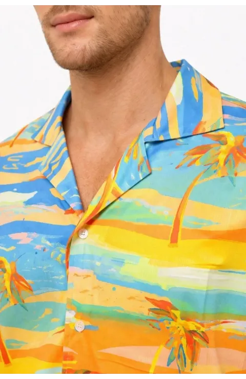 Erkek Tropikal Palmiye Desenli Kısa Kol Gömlek Yazlık Beach Tarz Rahat Kalıp - Desenli