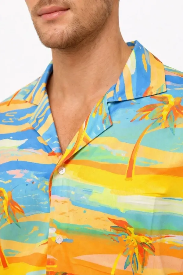 Erkek Tropikal Palmiye Desenli Kısa Kol Gömlek Yazlık Beach Tarz Rahat Kalıp - Desenli
