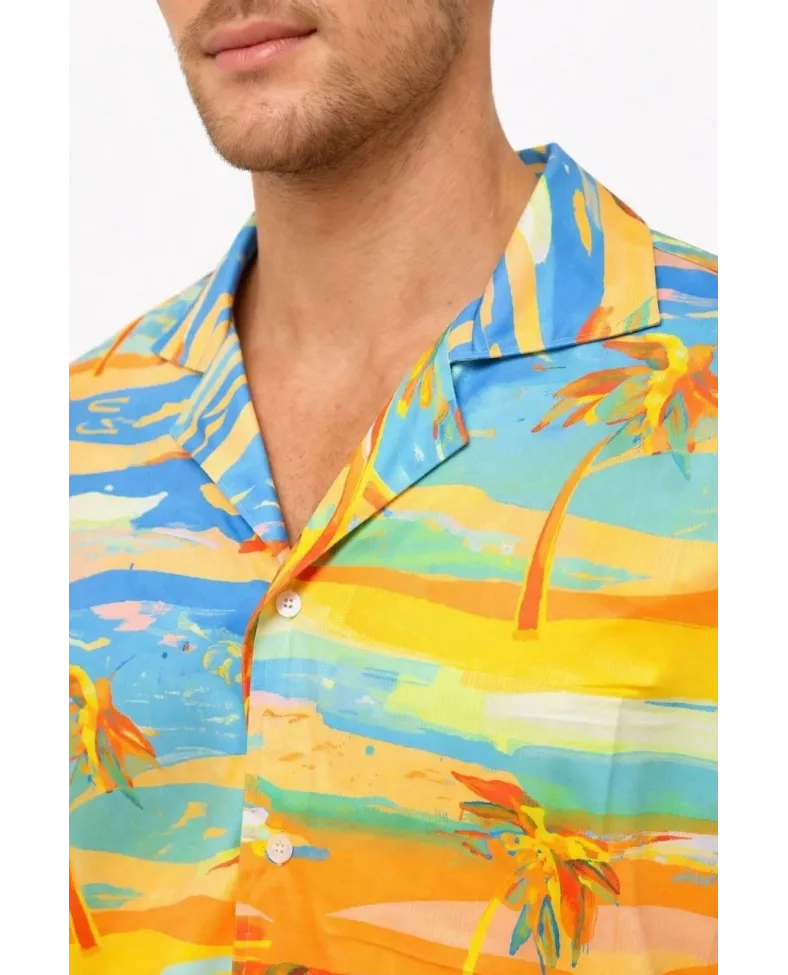 Erkek Tropikal Palmiye Desenli Kısa Kol Gömlek Yazlık Beach Tarz Rahat Kalıp - Desenli