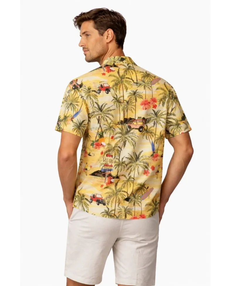 Erkek Tropikal Palmiye Desenli Kısa Kol Gömlek Hawaii Tarz Yazlık Rahat Kalıp - Desenli