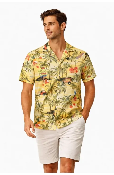 Erkek Tropikal Palmiye Desenli Kısa Kol Gömlek Hawaii Tarz Yazlık Rahat Kalıp - Desenli