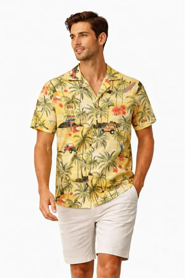 Erkek Tropikal Palmiye Desenli Kısa Kol Gömlek Hawaii Tarz Yazlık Rahat Kalıp - Desenli