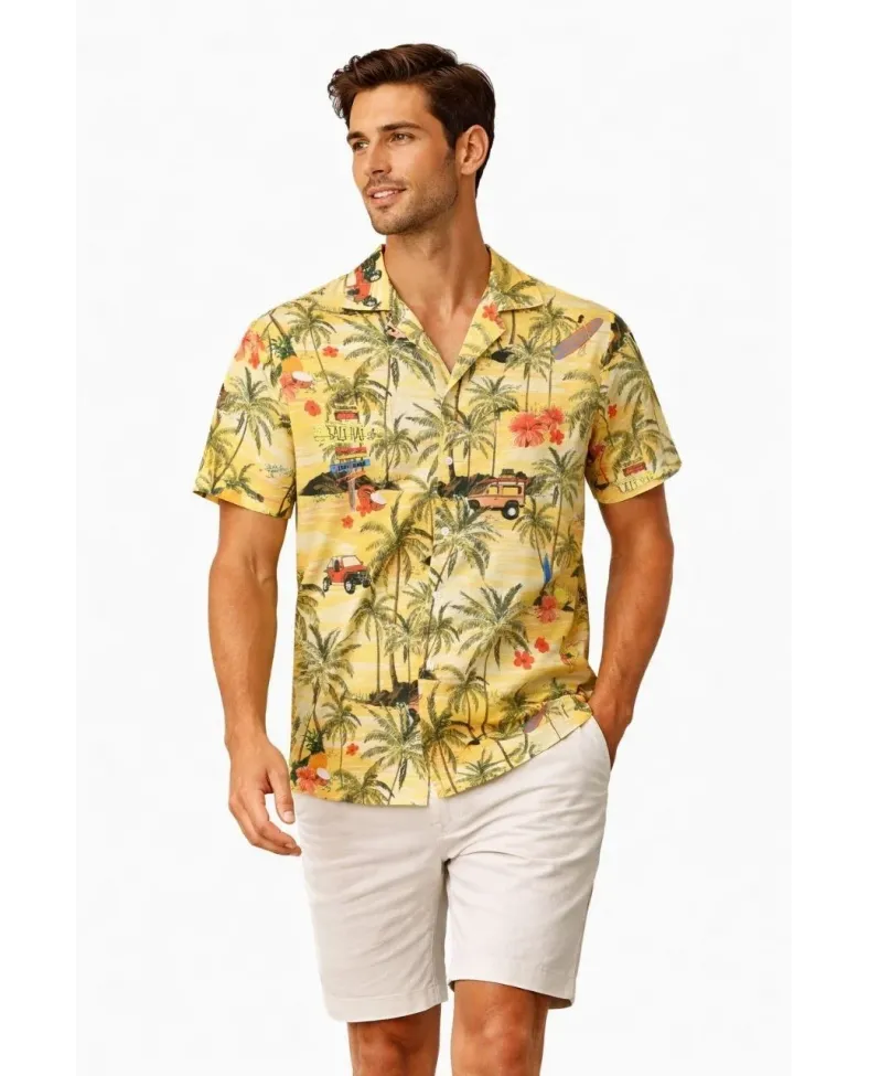 Erkek Tropikal Palmiye Desenli Kısa Kol Gömlek Hawaii Tarz Yazlık Rahat Kalıp - Desenli