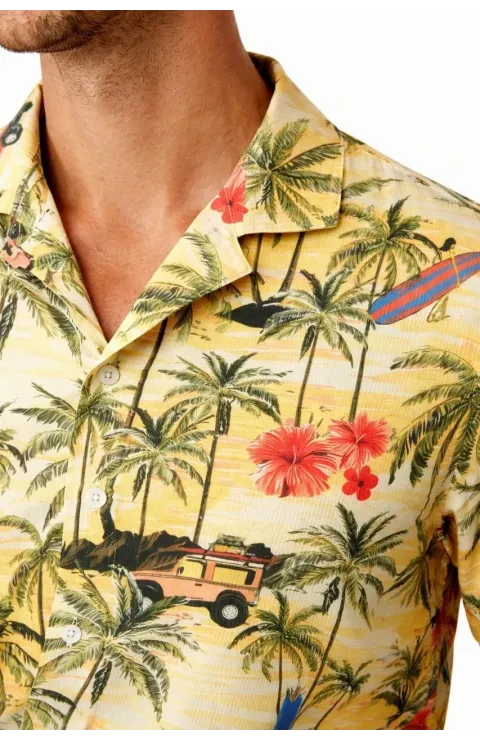 Erkek Tropikal Palmiye Desenli Kısa Kol Gömlek Hawaii Tarz Yazlık Rahat Kalıp - Desenli