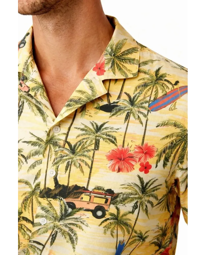 Erkek Tropikal Palmiye Desenli Kısa Kol Gömlek Hawaii Tarz Yazlık Rahat Kalıp - Desenli