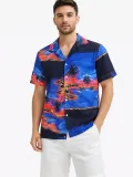Erkek Tropikal Ada Manzara Desenli Kısa Kol Gömlek Hawaii Tarz Yazlık Rahat Kalıp - Desenli