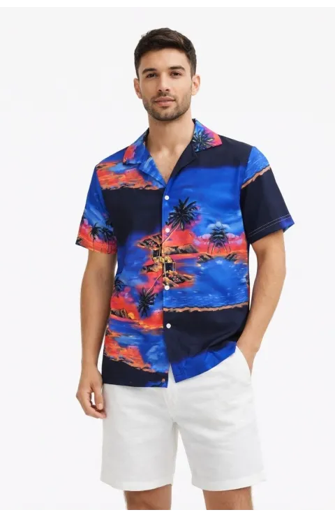 Erkek Tropikal Ada Manzara Desenli Kısa Kol Gömlek Hawaii Tarz Yazlık Rahat Kalıp - Desenli