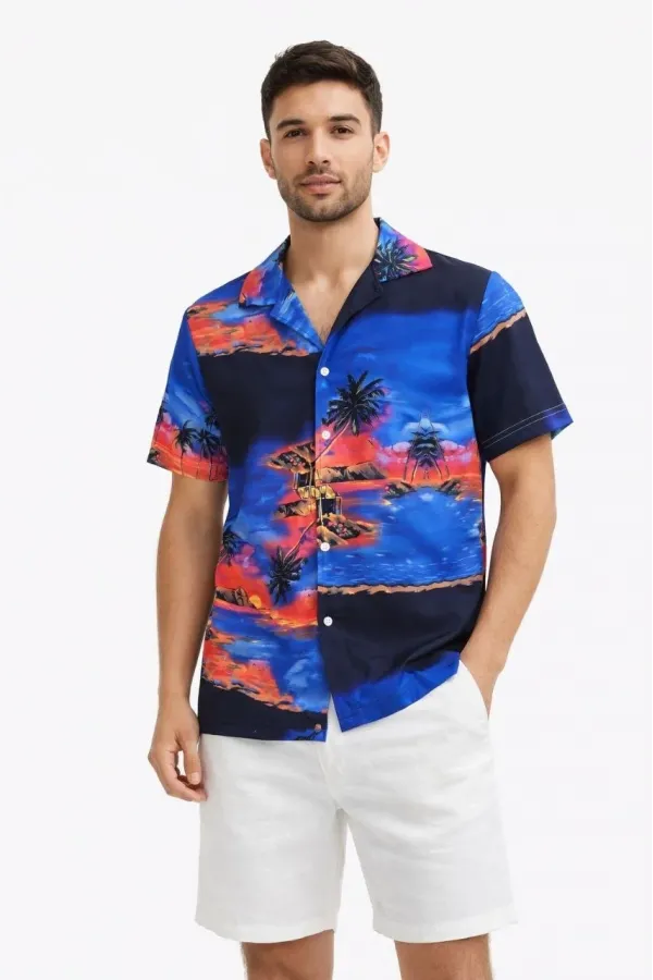 Erkek Tropikal Ada Manzara Desenli Kısa Kol Gömlek Hawaii Tarz Yazlık Rahat Kalıp - Desenli