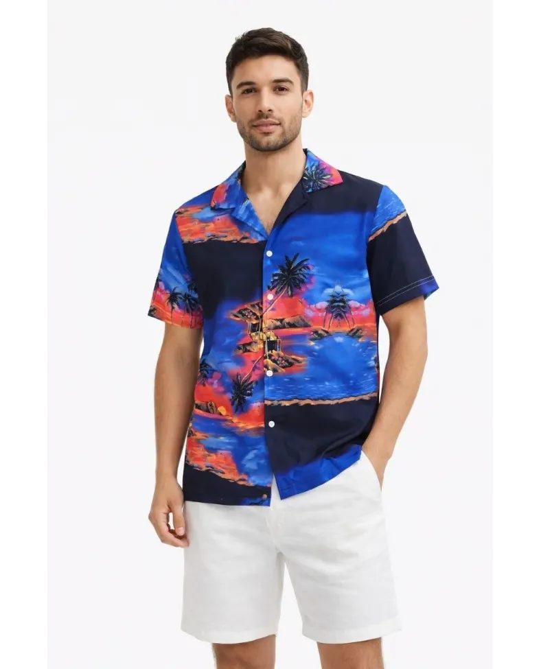 Erkek Tropikal Ada Manzara Desenli Kısa Kol Gömlek Hawaii Tarz Yazlık Rahat Kalıp - Desenli
