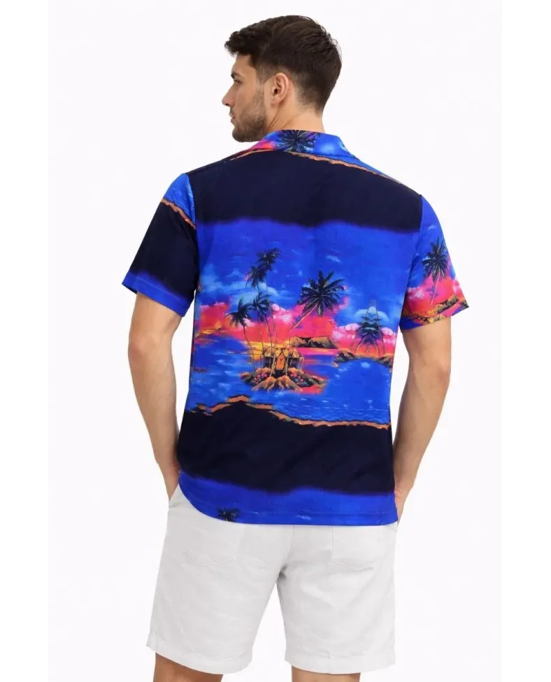 Erkek Tropikal Ada Manzara Desenli Kısa Kol Gömlek Hawaii Tarz Yazlık Rahat Kalıp - Desenli