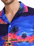 Erkek Tropikal Ada Manzara Desenli Kısa Kol Gömlek Hawaii Tarz Yazlık Rahat Kalıp - Desenli