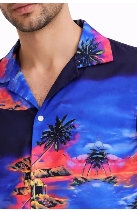 Erkek Tropikal Ada Manzara Desenli Kısa Kol Gömlek Hawaii Tarz Yazlık Rahat Kalıp - Desenli