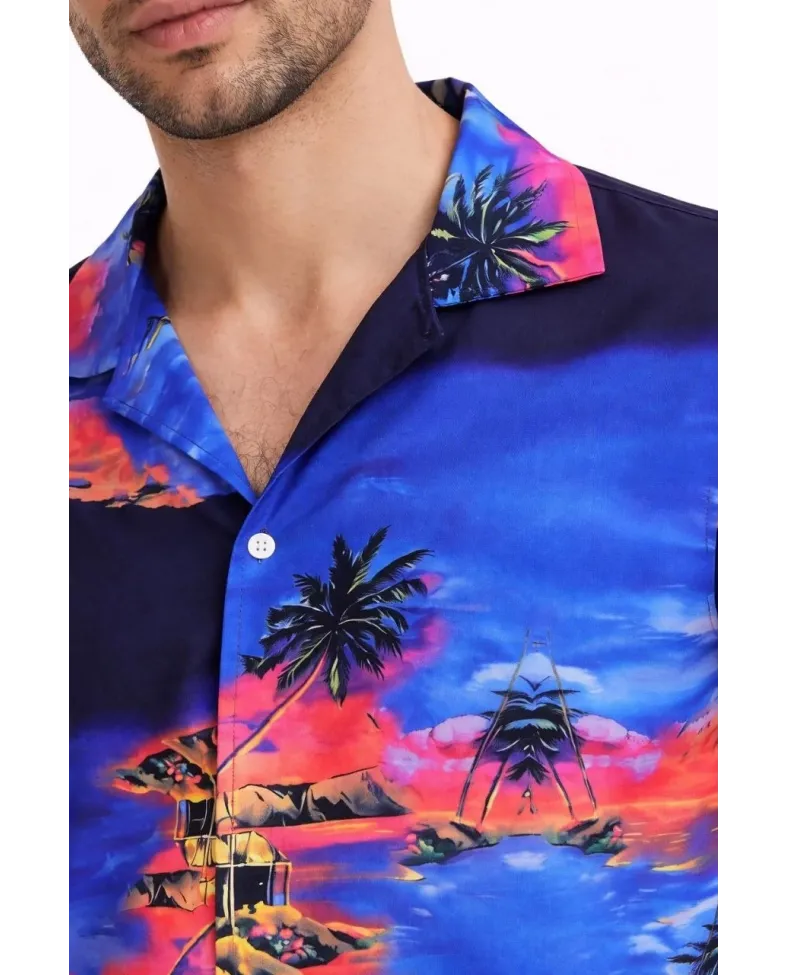 Erkek Tropikal Ada Manzara Desenli Kısa Kol Gömlek Hawaii Tarz Yazlık Rahat Kalıp - Desenli