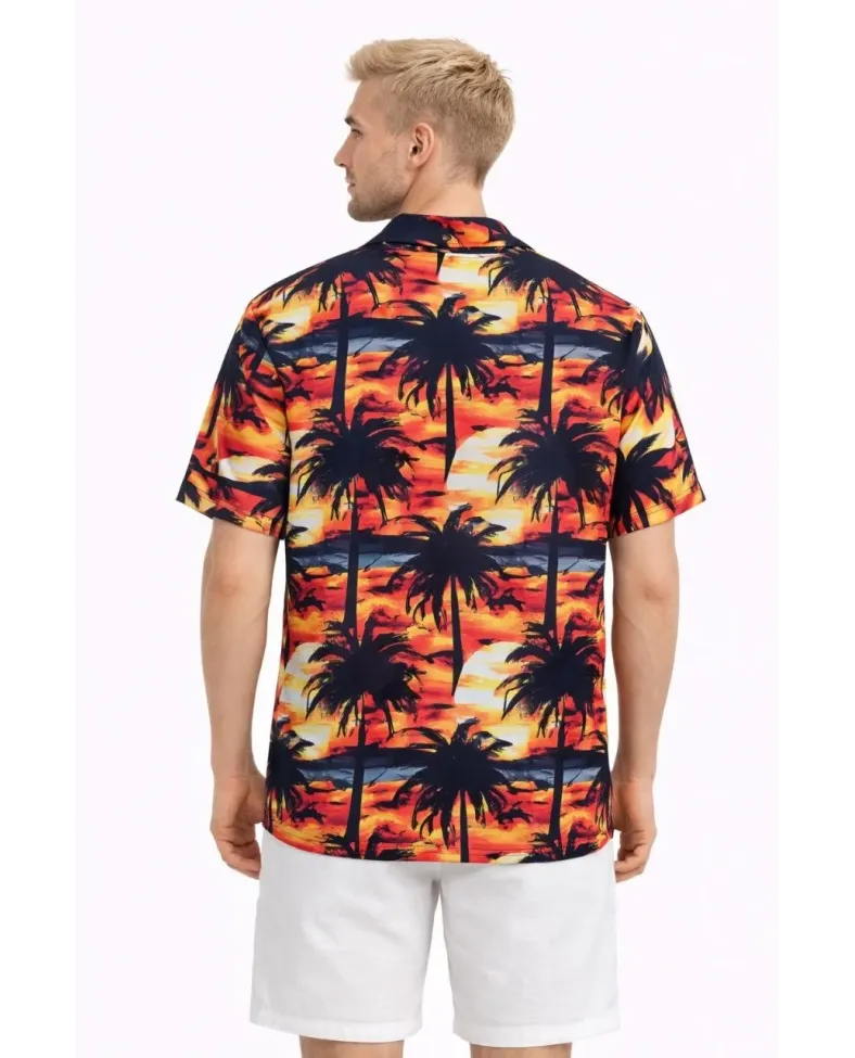 Erkek Gün Batımı Palmiye Desenli Kısa Kol Gömlek Hawaii Tarz Yazlık Rahat Kalıp - Desenli