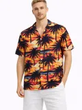 Erkek Gün Batımı Palmiye Desenli Kısa Kol Gömlek Hawaii Tarz Yazlık Rahat Kalıp - Desenli