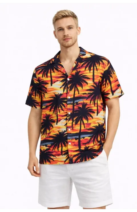 Erkek Gün Batımı Palmiye Desenli Kısa Kol Gömlek Hawaii Tarz Yazlık Rahat Kalıp - Desenli