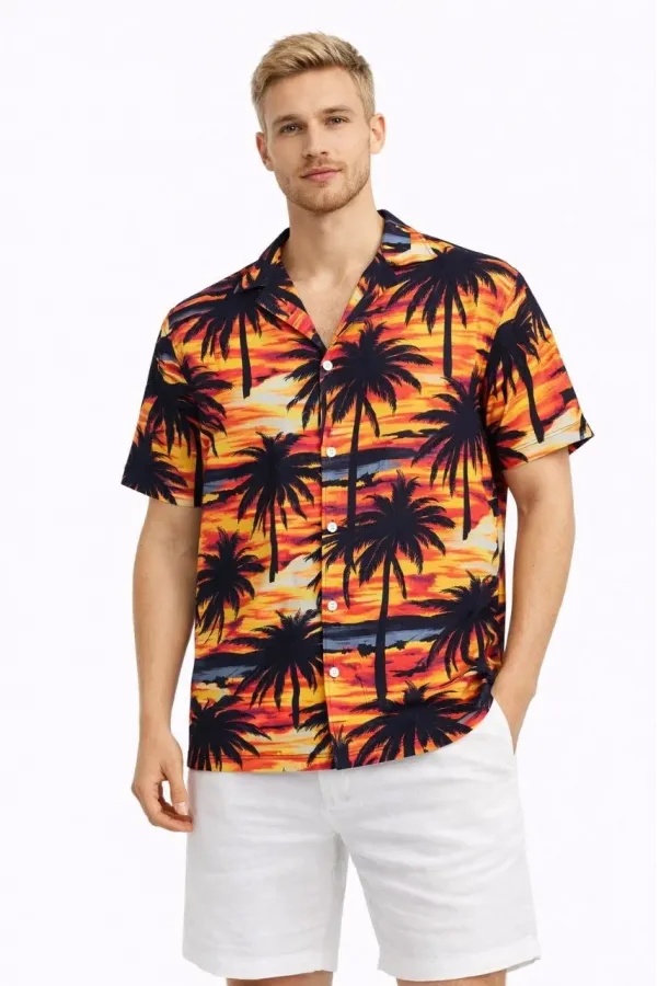 Erkek Gün Batımı Palmiye Desenli Kısa Kol Gömlek Hawaii Tarz Yazlık Rahat Kalıp - Desenli