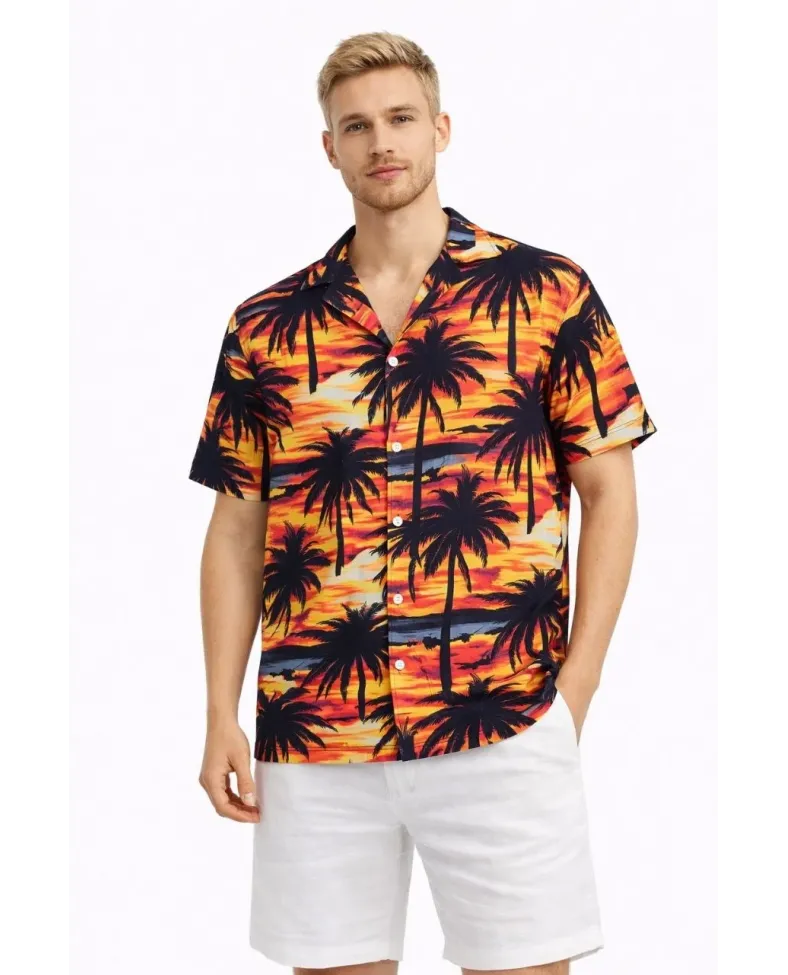 Erkek Gün Batımı Palmiye Desenli Kısa Kol Gömlek Hawaii Tarz Yazlık Rahat Kalıp - Desenli