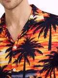 Erkek Gün Batımı Palmiye Desenli Kısa Kol Gömlek Hawaii Tarz Yazlık Rahat Kalıp - Desenli