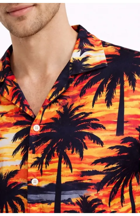 Erkek Gün Batımı Palmiye Desenli Kısa Kol Gömlek Hawaii Tarz Yazlık Rahat Kalıp - Desenli