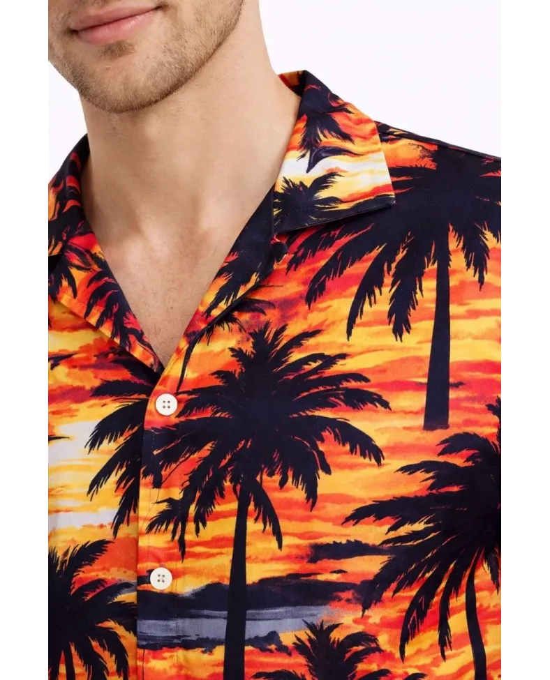 Erkek Gün Batımı Palmiye Desenli Kısa Kol Gömlek Hawaii Tarz Yazlık Rahat Kalıp - Desenli