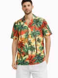 Erkek Hawaii Tarz Tropikal Palmiye Desenli Kısa Kol Gömlek Rahat Kalıp Yazlık - Desenli