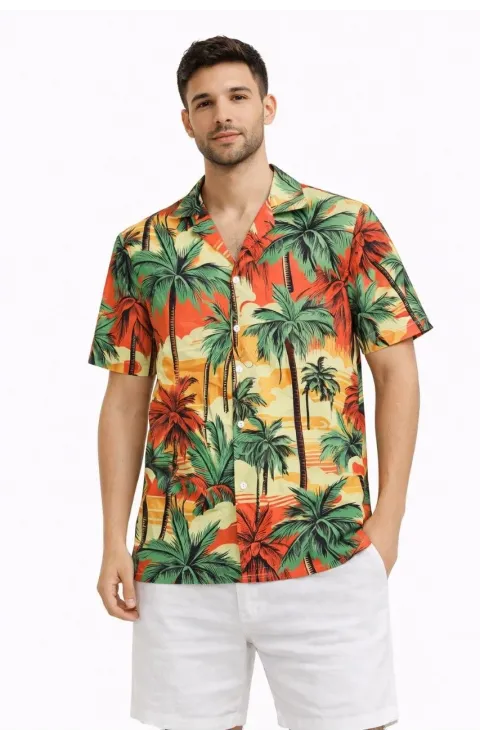 Erkek Hawaii Tarz Tropikal Palmiye Desenli Kısa Kol Gömlek Rahat Kalıp Yazlık - Desenli