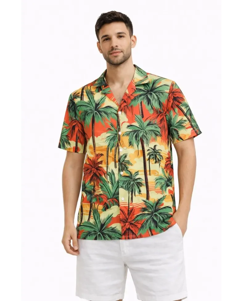 Erkek Hawaii Tarz Tropikal Palmiye Desenli Kısa Kol Gömlek Rahat Kalıp Yazlık - Desenli