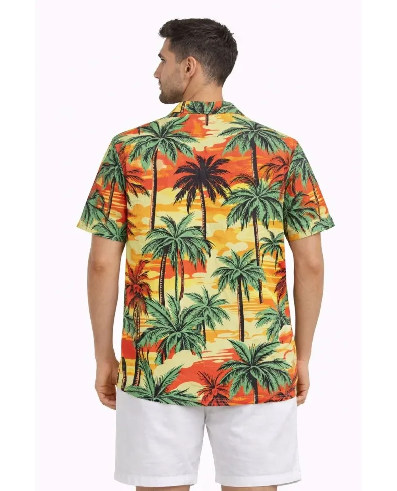 Erkek Hawaii Tarz Tropikal Palmiye Desenli Kısa Kol Gömlek Rahat Kalıp Yazlık - Desenli