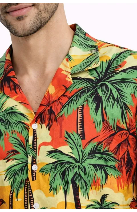 Erkek Hawaii Tarz Tropikal Palmiye Desenli Kısa Kol Gömlek Rahat Kalıp Yazlık - Desenli
