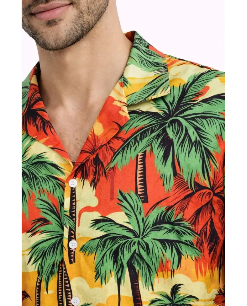 Erkek Hawaii Tarz Tropikal Palmiye Desenli Kısa Kol Gömlek Rahat Kalıp Yazlık - Desenli