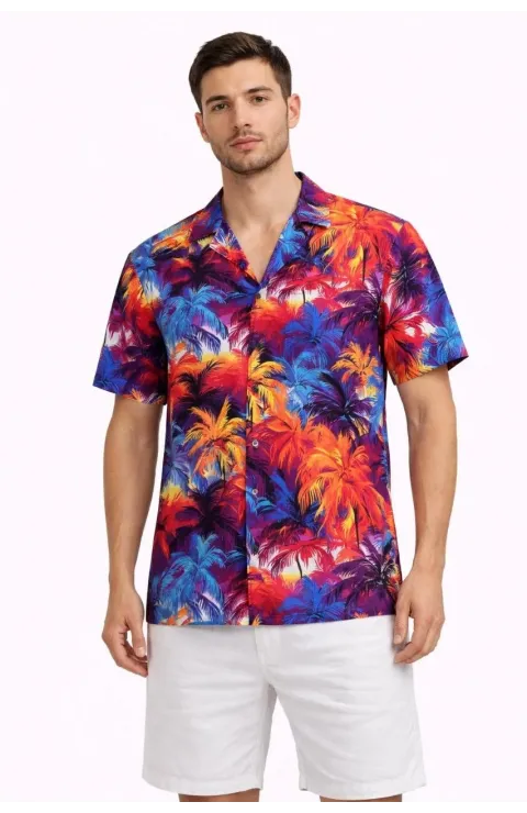 Erkek Tropikal Desenli Kısa Kol Gömlek Rahat Kalıp Yazlık Hawaii Tarz - Desenli