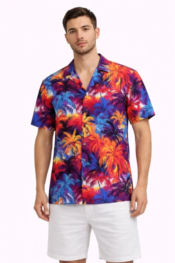 Erkek Tropikal Desenli Kısa Kol Gömlek Rahat Kalıp Yazlık Hawaii Tarz - Desenli