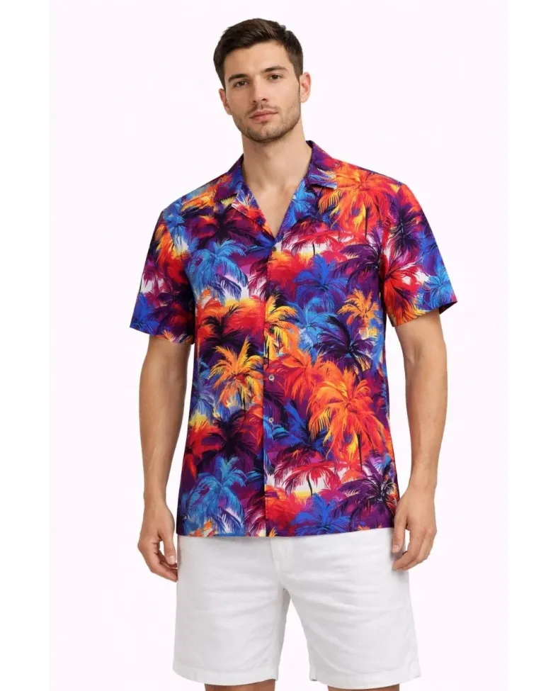 Erkek Tropikal Desenli Kısa Kol Gömlek Rahat Kalıp Yazlık Hawaii Tarz - Desenli